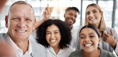 Image showing Selfie, smile and happy team at work having fun, bonding and enjoying their lunch break at the office. Friends, diversity and business people smiling for a picture together to post it on social media