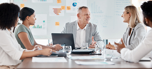 Image showing Collaboration, meeting and office of business people in marketing for company goals and analytics. Group of diverse employee workers in corporate team conversation, strategy and plan to executive