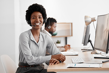 Image showing Telemarketing, customer support and business woman in call center, contact us and sales consultant office. Customer service, communication and crm with black woman working in marketing company