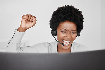 Image showing Celebration and motivation in a call center for customer support with a woman consultant saying wow and busy on a call to help or assist with service. Contact us, crm and telemarketing with success