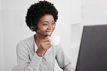 Image showing Call center, customer support and coffee with a woman consultant working on a computer in her office. Telemarketing, crm and contact us with a female consulting for help and service with a headset