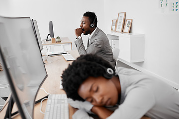 Image showing Burnout, yawn and tired call center people sleeping on desk with computer in contact us, consulting and customer service office. Black woman, sleepy man or bored team workers from overworked crm task