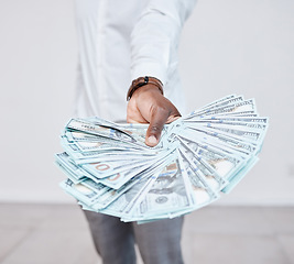 Image showing Hands of black man with dollars, money or cash, payment or profit from commerce. Finance, wealth and rich person with offer, exchange or accounting transaction, trade or financial business deal.