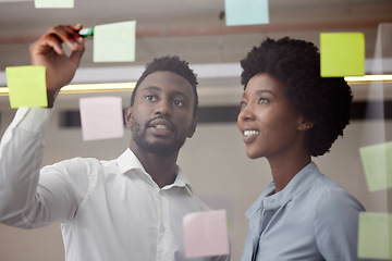 Image showing Black people, writing and thinking of idea on post it wall for brainstorming meeting pitch. Innovation, strategy and development of business goal with professional corporate planning team.