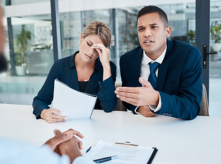 Image showing Lawyer talking in an office while stress client read document while talking to company CEO or boss, legal professional. Counselor negotiating a contract for a woman her workplace or in a company