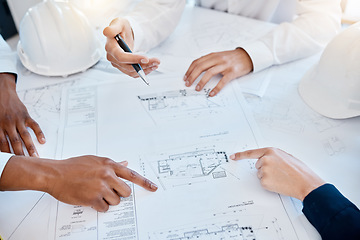 Image showing Architecture, blueprint and engineering team pointing, planning and discussing construction development project with the floor plan. Collaboration with engineers and architects working on 3d design