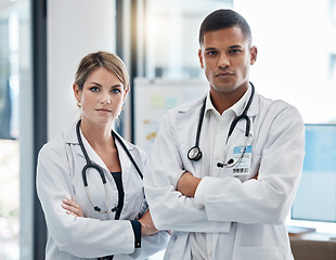 Image showing Portrait doctor team, professional healthcare and medical trust of two surgeons, cardiology experts and therapists ready for clinic service. Wellness hospital staff, focus career and medicine workers