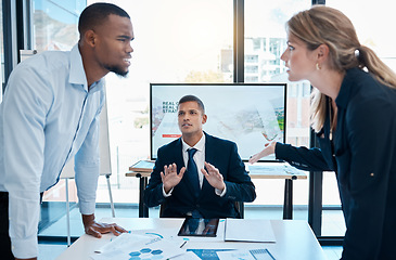 Image showing Business fight, team argument and angry lawyer dispute of corporate lawyers fighting in a meeting. Stress, anger and frustrated working colleagues over a client contract or opposite strategy opinion