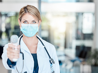 Image showing Covid medical monitor with doctor woman to check patient health status at a hospital. Medical, healthcare and clinic worker with a mask work and help prevent corona virus and test dengue fever