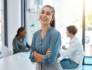 Image showing Startup team manager, woman ceo in business and office company meeting. Corporate success, work motivation and career professional. Leadership management job, happy staff and boss female empowerment