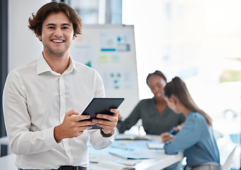 Image showing Digital marketing, planning and businessman working on tablet with planner team brainstorming idea in office. Portrait of young creative intern with website design working on seo analytics or project