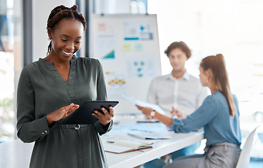 Image showing Black woman, business and tablet for new employee in digital marketing startup, advertising company or design business. Intern worker with internet schedule or brand logo idea for global team meeting