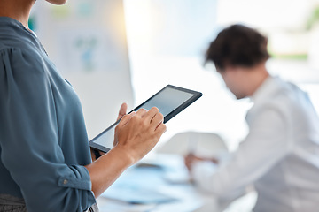 Image showing Business woman hands, digital tablet and planning ideas in office for strategy, blank screen and wifi connection in modern office. Employee closeup, 5g technology and online project on tech web apps