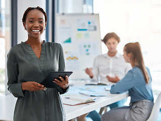 Image showing Happy portrait, smile and business woman with new job opportunity in creative office, team diversity and digital tablet. Marketing employee working in startup company with motivation and vision idea