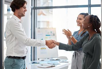 Image showing Handshake, welcome and thank you with business people in teamwork, collaboration and communication in office. Success, b2b partnership and trust or happy business, shaking hands and corporate meeting