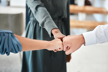 Image showing Teamwork group, motivation and collaboration fist bump for trust, goal and success support. Closeup workers hands, team building and growth commitment mission, winner vision and solidarity together