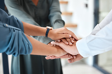 Image showing Hands, teamwork and collaboration of employee trust and support at the office or workplace. Diverse group of business people at hand together as a team at work in unity for company goals and success