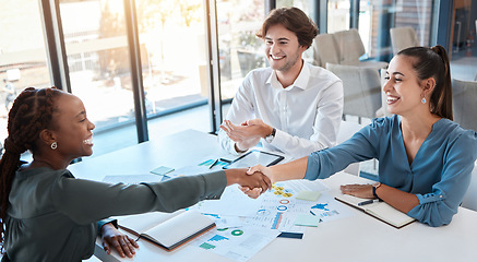 Image showing Business people, handshake and working together, deal or agreement in meeting. B2b, thank you and shaking hands in partnership, teamwork or collaboration together with client in corporate office.
