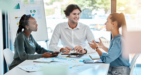 Image showing Teamwork, collaboration and planning with a team of business people in a finance meeting for planning their vision and mission in a company. Strategy, growth and marketing with a manager and staff