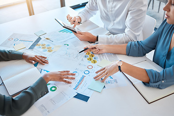 Image showing Financial data, team working and tax notes of finance workers planning a audit. Office business group reading investment and stock market growth, profit and information for a teamwork collaboration