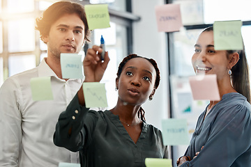 Image showing Working, sticky notes planning and teamwork collaboration with storyboard of a office team. Business strategy, corporate schedule or marketing moodboard of staff with diversity busy with a job project