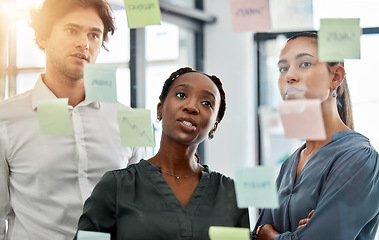 Image showing Teamwork collaboration, planning strategy ideas and marketing solution in information meeting, vision and glass wall in creative agency. Diversity business people, thinking and working schedule notes