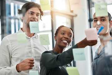 Image showing SEO, marketing and advertising company with sticky notes planning, collaboration and innovation creative idea on glass wall. Diversity, teamwork and business meeting with idea, plan and work schedule