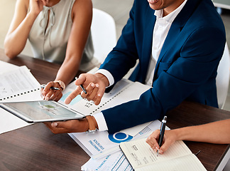 Image showing Finance, tablet and hands writing in a notebook during a meeting with team working in collaboration. Teamwork, management and analytics with a financial accountant, manager and business people