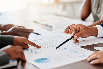 Image showing Marketing, analytics and business meeting with documents, chart and paper for planning in corporate company. Innovation, data and strategy with business people in growth, idea and goals conference