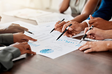 Image showing Teamwork, collaboration and team hands writing and working on financial data, chart and graph. Finance, ecommerce and tax audit workers project planning on logistics notes and an accounting analytics