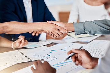 Image showing Handshake, partnership and b2b deal with data analyst team discussing documents and infographics at a tablet. Welcome, thank you or agreement of corporate staff shaking hands for teamwork and support