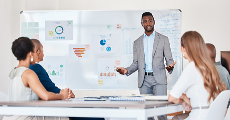 Image showing Coaching, leadership and a businessman doing a presentation on strategy and company reports. Communication, planning and a team leader training employees on future projects, sharing data and ideas.