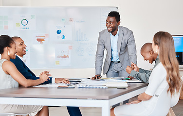 Image showing Presentation or business people planning in a meeting and working in an office together. African American accountant talking company growth strategy with a corporate team discussing data and graphs