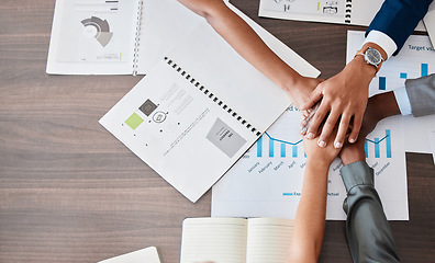 Image showing Teamwork, planning and support hands stacked of business people in finance company meeting from above. Group working goal, community or together for diversity, growth mission and trust or solidarity