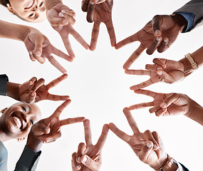 Image showing Teamwork, collaboration and star hand sign of business people for goal, mission and achievement success. Group diversity hands together with v sign or peace symbol for unity, trust and support below