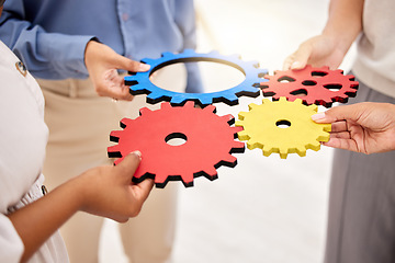 Image showing Business, collaboration and gears for strategy success and team unity and support for a project. Hands of a group of corporate employees with a common goal in a partnership for innovation
