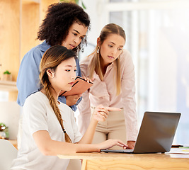 Image showing Business women team, laptop planning and ideas, strategy and job research in startup agency. Diversity employees in focus, project collaboration and meeting proposal working online, internet and web