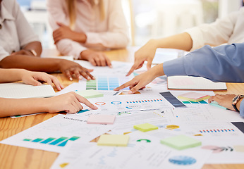 Image showing Teamwork, collaboration and financial analysis by business people reading document and data reports in corporate office. Team discussing and planning company development and growth strategy together