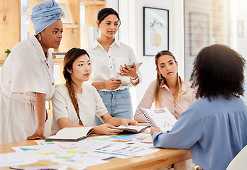 Image showing Leadership, collaboration and teamwork with business woman in discussion with leader, planning creative strategy. Corporate employee sharing goal and vision on group project, inspired team motivation