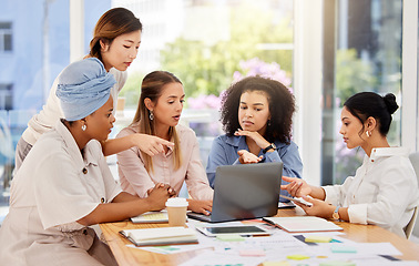 Image showing Digital marketing, creative business women planning, collaboration and marketing ideas brainstorming in group or team meeting. Teamwork, strategy and seo analytics analysis group for job empowerment