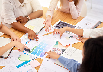 Image showing Logo, branding and team of designers in a business meeting collaboration planning and designing a creative advertising strategy. Graphic, agency and people in conversation on marketing color palette