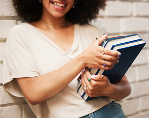 Image showing Happy student with books on university campus, scholarship for education at school and smile for learning at library. African girl studying law, doing research and motivation for future career