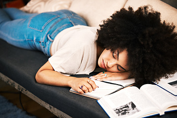 Image showing Education, learning and sleeping with a tired, exhausted and overworked woman student studying on a sofa in her home. Burnout and exhaustion with a female learner in her house to study and learn