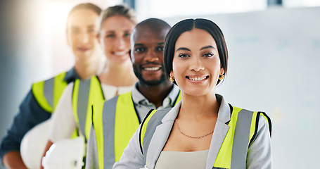 Image showing Diversity, team and portrait of engineering employees standing in an industrial office. Industry workers working on a site development project together in a corporate room at the staff warehouse.