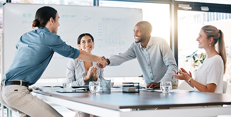 Image showing Diversity b2b people, handshake and collaboration for promotion, success deal or company innovation idea. Business meeting, thank you and partnership in teamwork or collaboration with client.