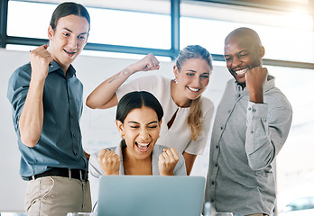 Image showing Winning results, fist pump and celebration business people with laptop, online email success on finance profit, crypto or trading. Bonus, victory or yes hands sign of diversity team reading good news