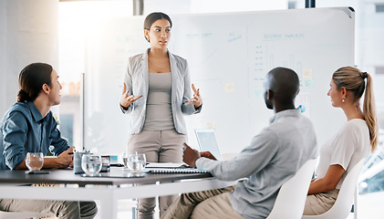 Image showing Corporate manager planning a project on a whiteboard with her team doing research in modern office. Group leader explaining her creative strategy at a business meeting in the company conference room.