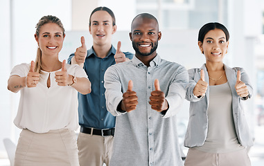 Image showing Diversity, team and thumbs up of business people in teamwork agreement for success at the office. Group of diverse employee workers together in collaboration in agree, yes or thank you hand gestures