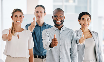 Image showing Thumbs up, motivation and support team with diversity business people in collaboration for agreement for success. Group of men and women employees together for trust, yes or thank you hand gesture