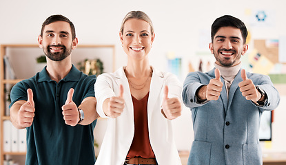 Image showing Teamwork thumbs up, business motivation and success, support and yes vote for goal, winning and praise in office. Portrait of happy, smile and excited collaboration as yes emoji, agreement and thanks